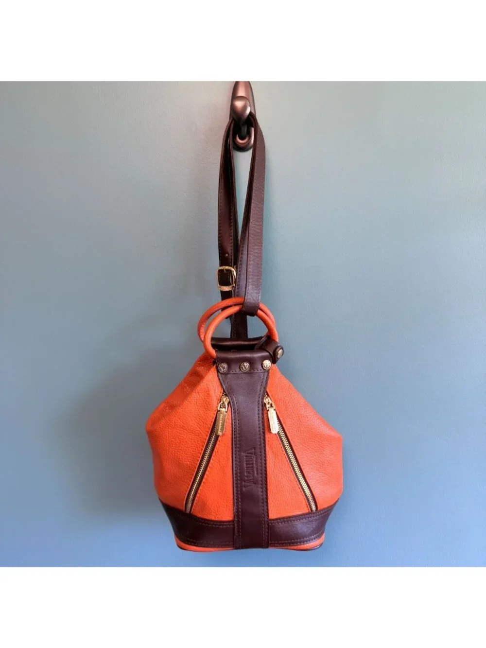 Valentina Italian Leather Shoulder Backpack Pebbled Orange Brown Many Pockets